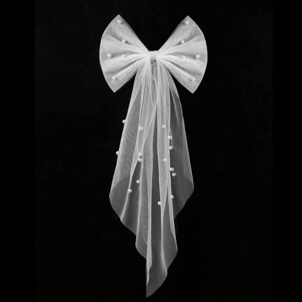 Anthro pearl tulle bridal bow hair accessory